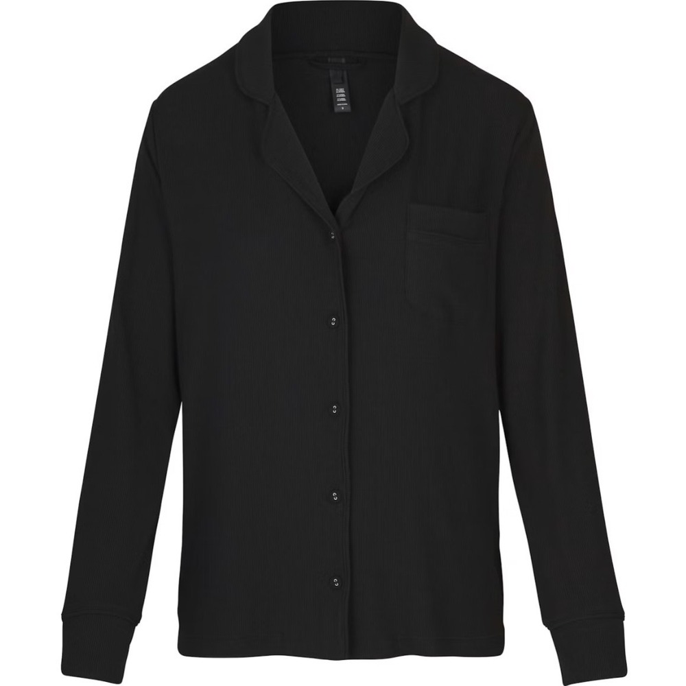 Skims Soft Lounge Sleep Top Onyx Black Ribbed Button Down XS AP-SET-0600